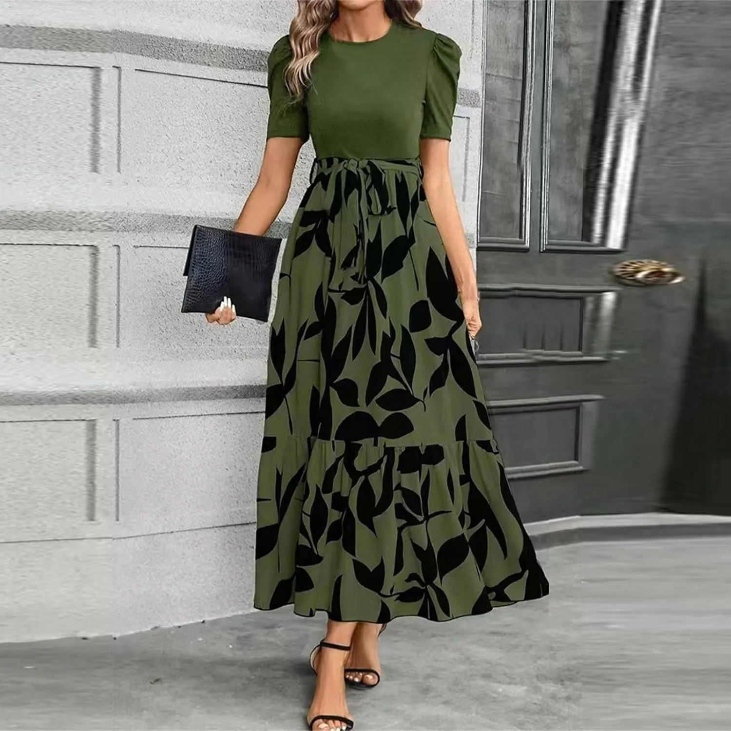 Floral Maxi Dresses for Women Elegant Patchwork Short Sleeve Tie Waist Wrap Dress Boho Summer Casual Teacher Dresses