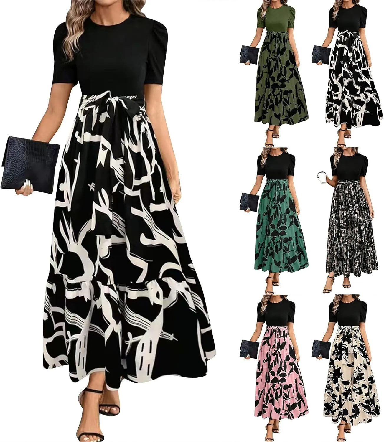 Floral Maxi Dresses for Women Elegant Patchwork Short Sleeve Tie Waist Wrap Dress Boho Summer Casual Teacher Dresses