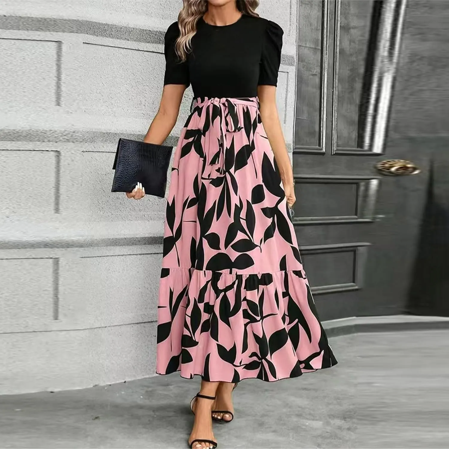 Floral Maxi Dresses for Women Elegant Patchwork Short Sleeve Tie Waist Wrap Dress Boho Summer Casual Teacher Dresses