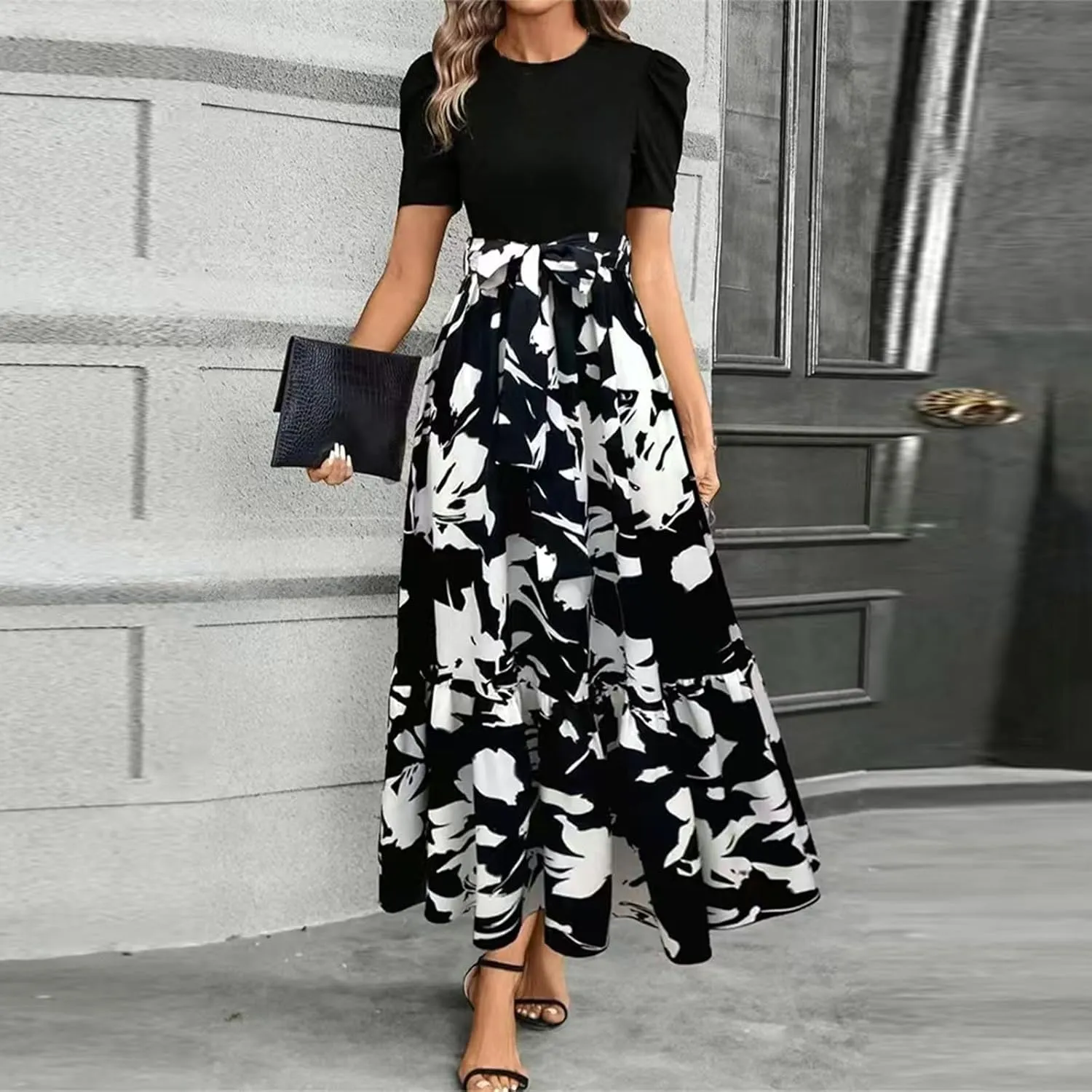 Floral Maxi Dresses for Women Elegant Patchwork Short Sleeve Tie Waist Wrap Dress Boho Summer Casual Teacher Dresses