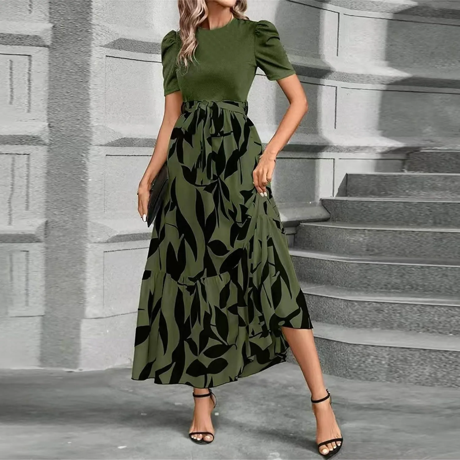 Floral Maxi Dresses for Women Elegant Patchwork Short Sleeve Tie Waist Wrap Dress Boho Summer Casual Teacher Dresses