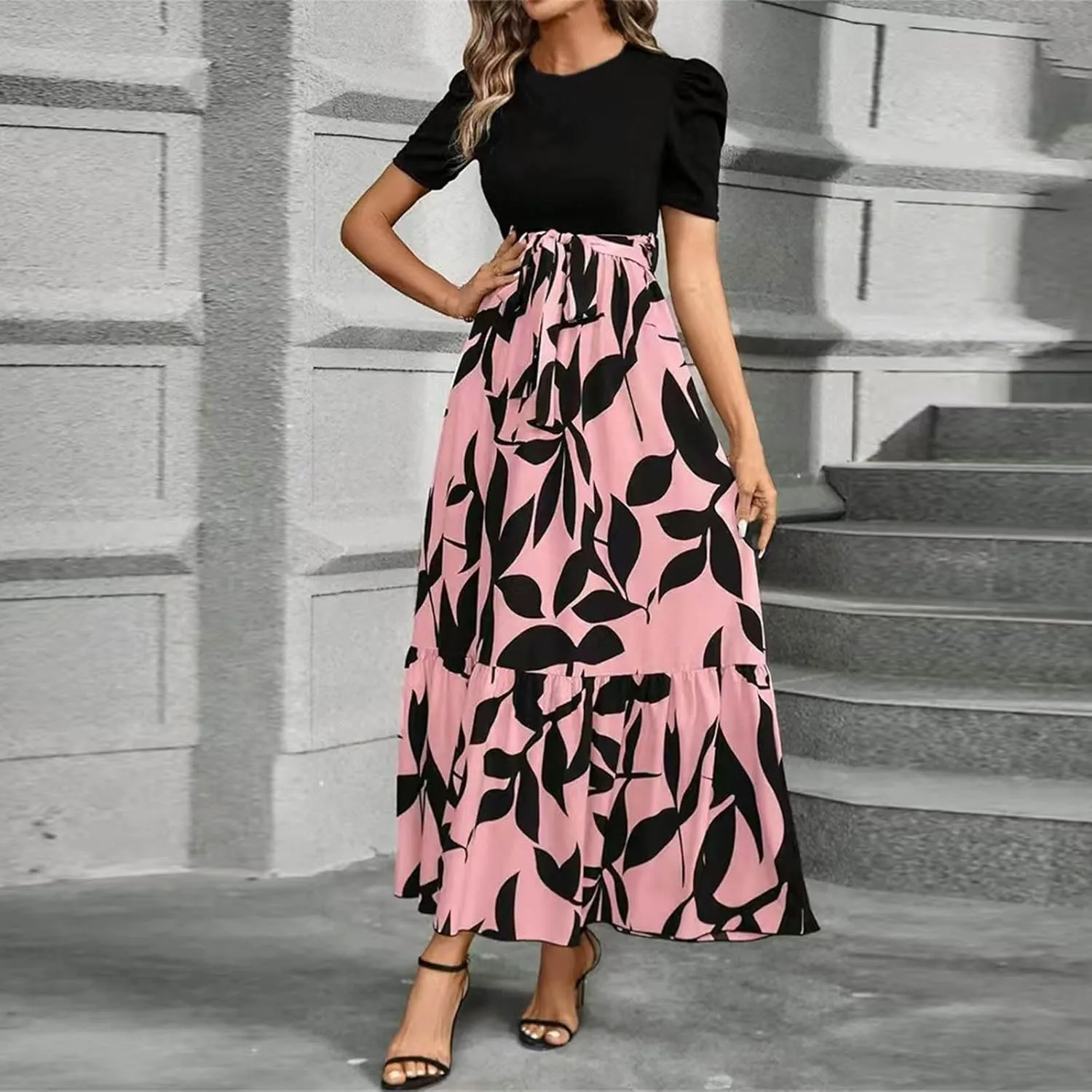 Floral Maxi Dresses for Women Elegant Patchwork Short Sleeve Tie Waist Wrap Dress Boho Summer Casual Teacher Dresses