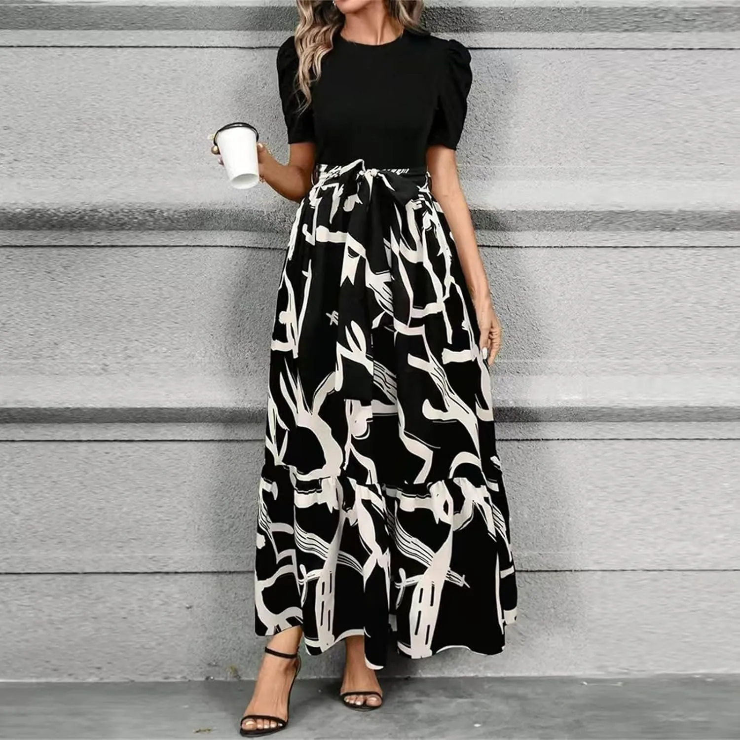 Floral Maxi Dresses for Women Elegant Patchwork Short Sleeve Tie Waist Wrap Dress Boho Summer Casual Teacher Dresses