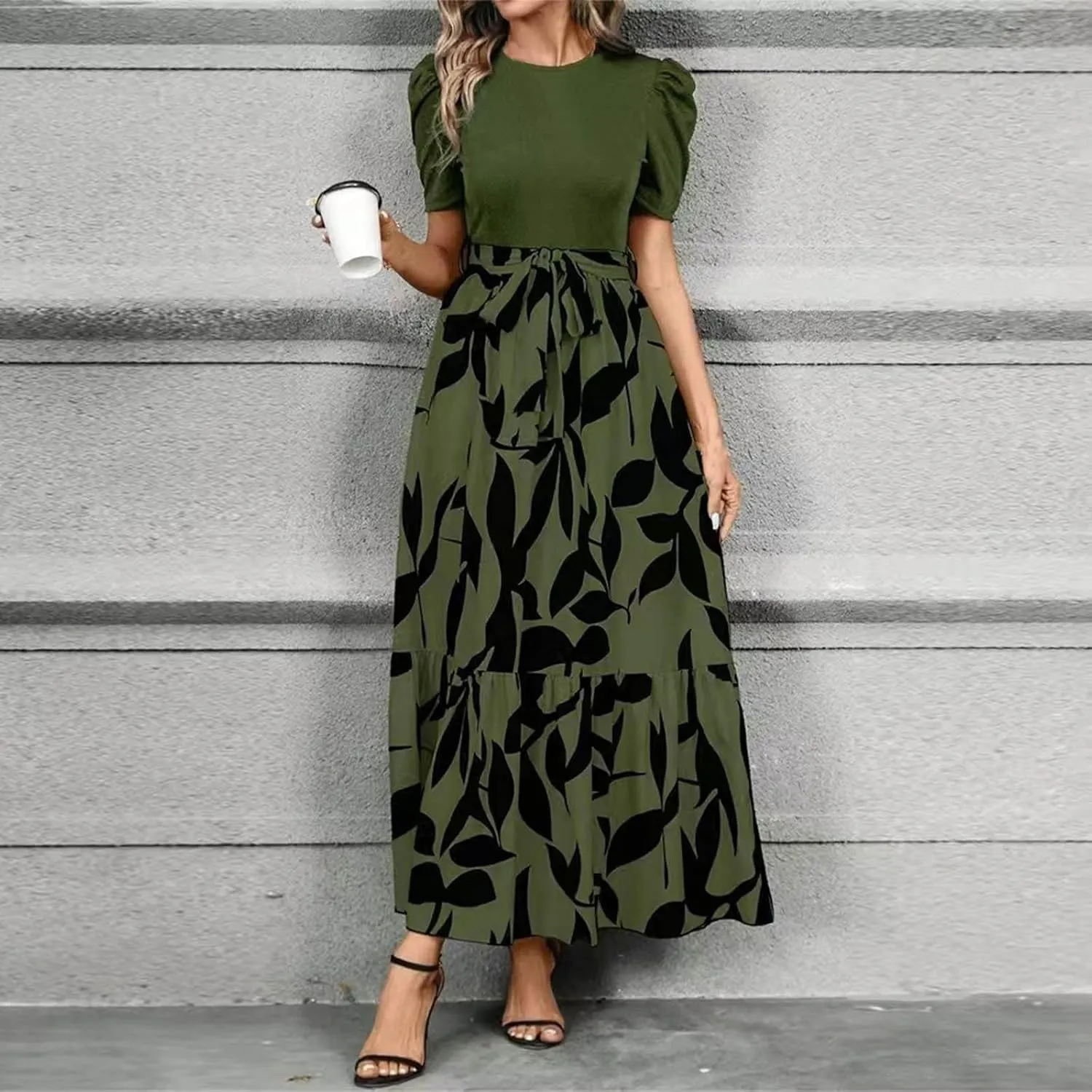 Floral Maxi Dresses for Women Elegant Patchwork Short Sleeve Tie Waist Wrap Dress Boho Summer Casual Teacher Dresses