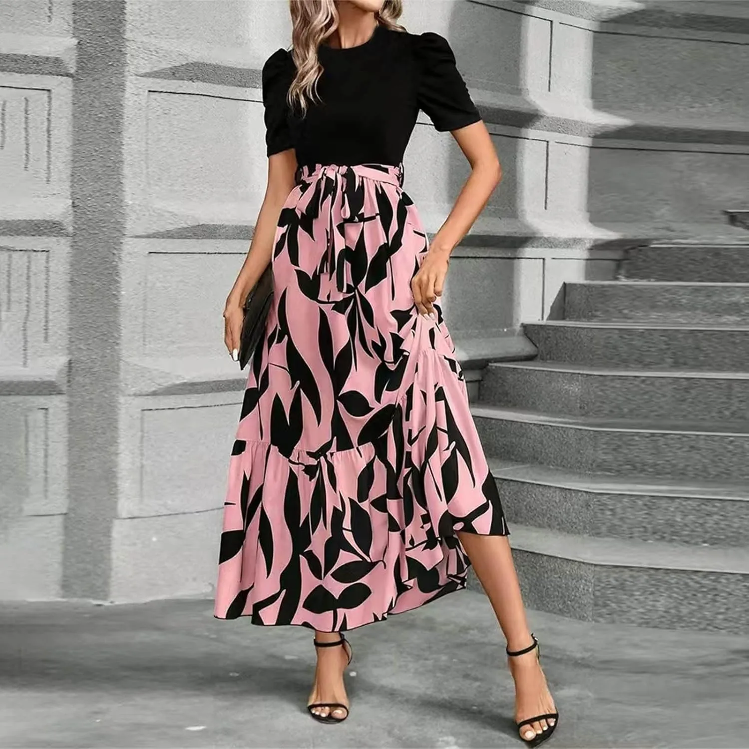 Floral Maxi Dresses for Women Elegant Patchwork Short Sleeve Tie Waist Wrap Dress Boho Summer Casual Teacher Dresses