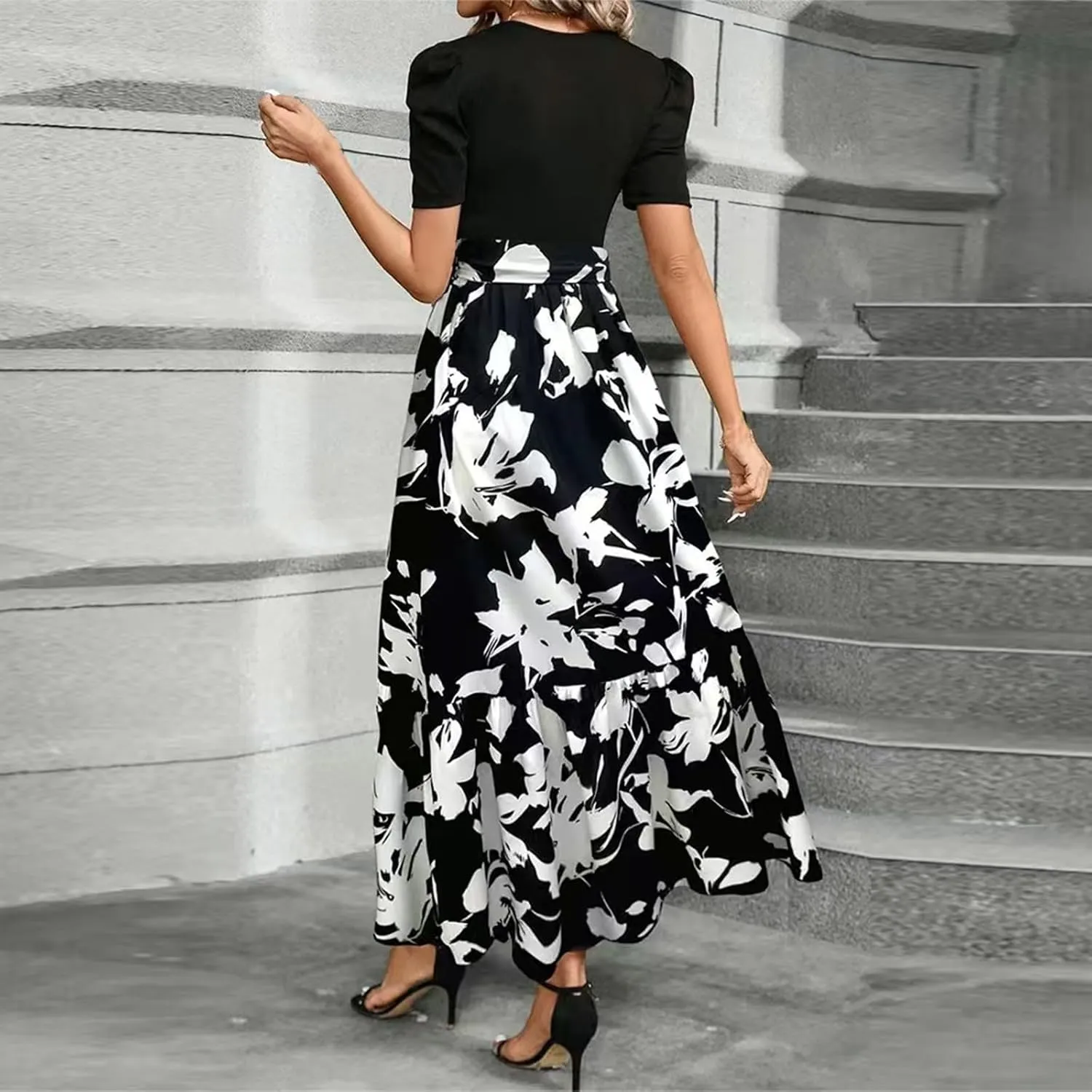 Floral Maxi Dresses for Women Elegant Patchwork Short Sleeve Tie Waist Wrap Dress Boho Summer Casual Teacher Dresses