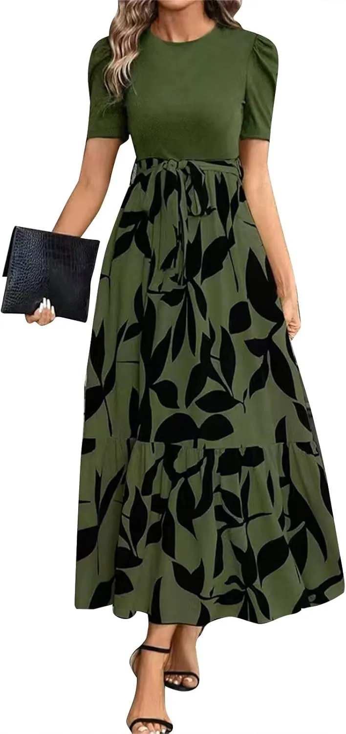 Floral Maxi Dresses for Women Elegant Patchwork Short Sleeve Tie Waist Wrap Dress Boho Summer Casual Teacher Dresses