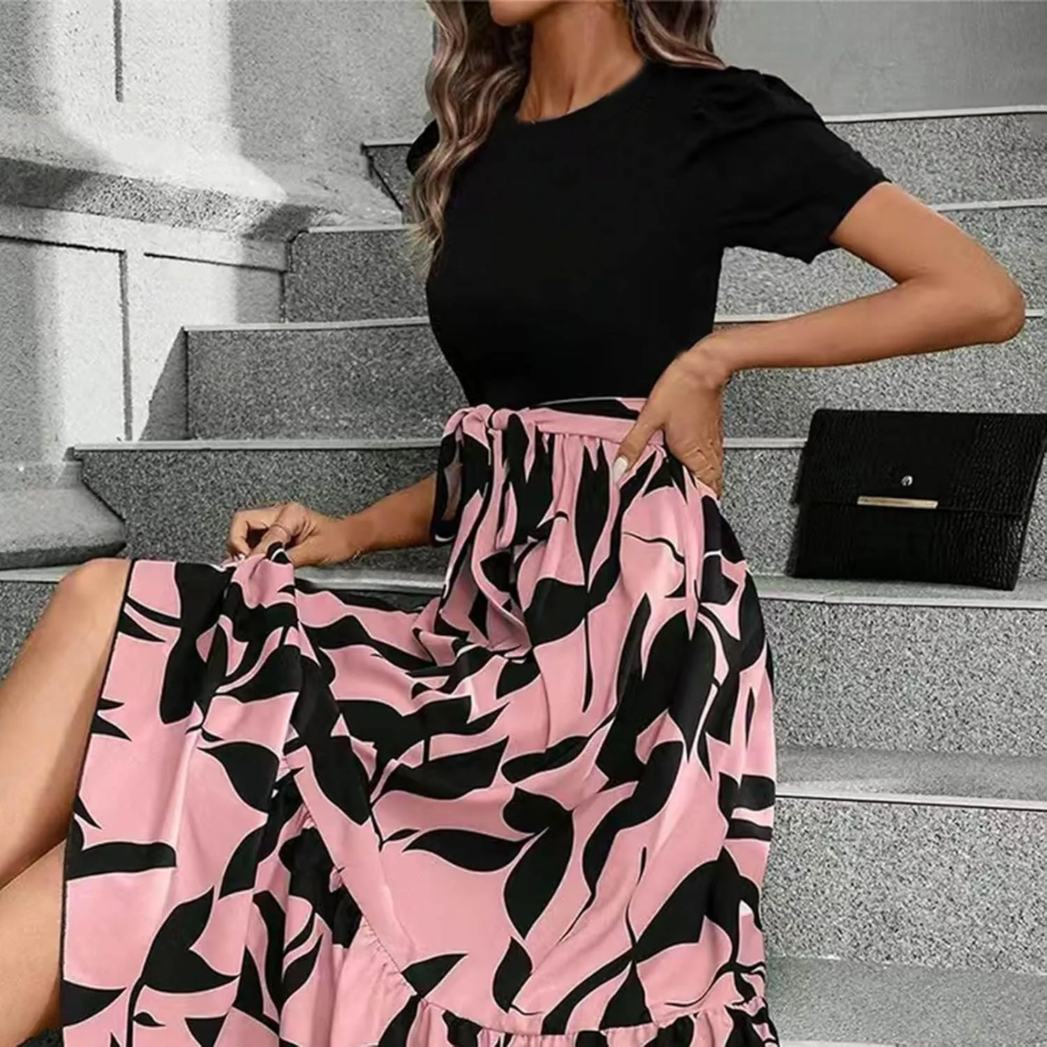 Floral Maxi Dresses for Women Elegant Patchwork Short Sleeve Tie Waist Wrap Dress Boho Summer Casual Teacher Dresses