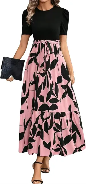 Floral Maxi Dresses for Women Elegant Patchwork Short Sleeve Tie Waist Wrap Dress Boho Summer Casual Teacher Dresses