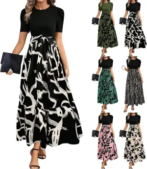Floral Maxi Dresses for Women Elegant Patchwork Short Sleeve Tie Waist Wrap Dress Boho Summer Casual Teacher Dresses