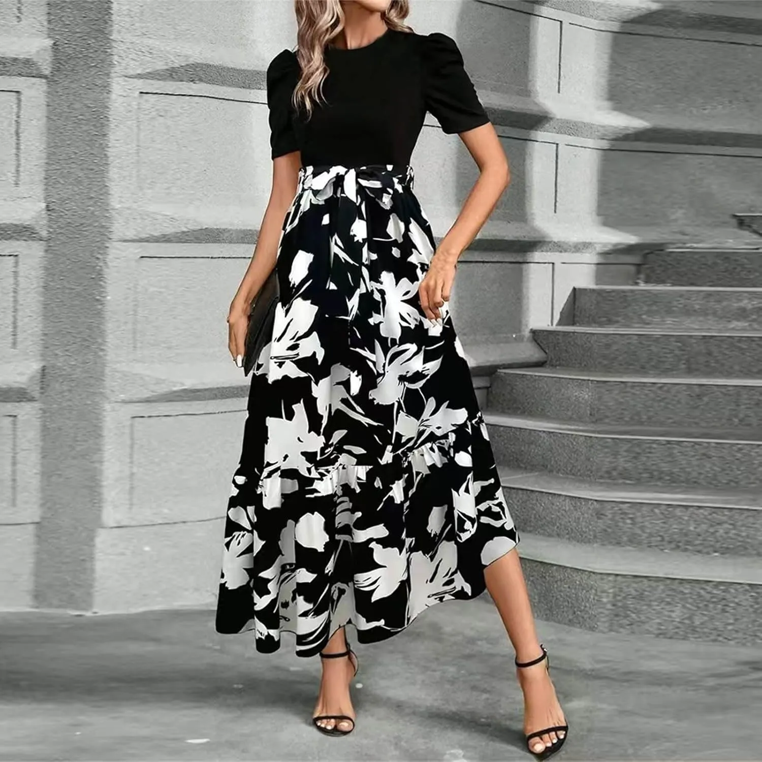 Floral Maxi Dresses for Women Elegant Patchwork Short Sleeve Tie Waist Wrap Dress Boho Summer Casual Teacher Dresses