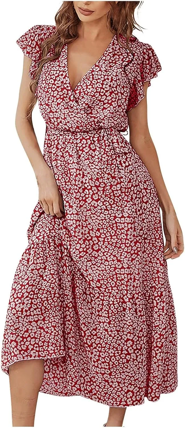 Floral Midi Dress for Women Summer V Neck Ruffle Sleeve Boho Wrap Dress Casual Flowy Chiffon Vacation Beach Dress