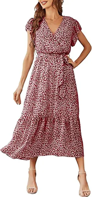Floral Midi Dress for Women Summer V Neck Ruffle Sleeve Boho Wrap Dress Casual Flowy Chiffon Vacation Beach Dress