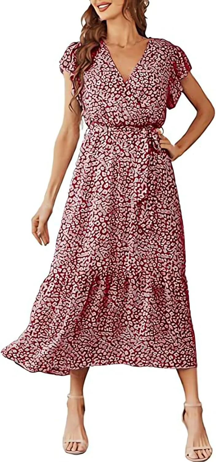 Floral Midi Dress for Women Summer V Neck Ruffle Sleeve Boho Wrap Dress Casual Flowy Chiffon Vacation Beach Dress