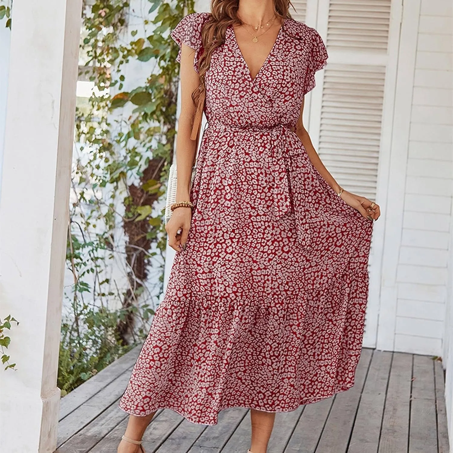 Floral Midi Dress for Women Summer V Neck Ruffle Sleeve Boho Wrap Dress Casual Flowy Chiffon Vacation Beach Dress