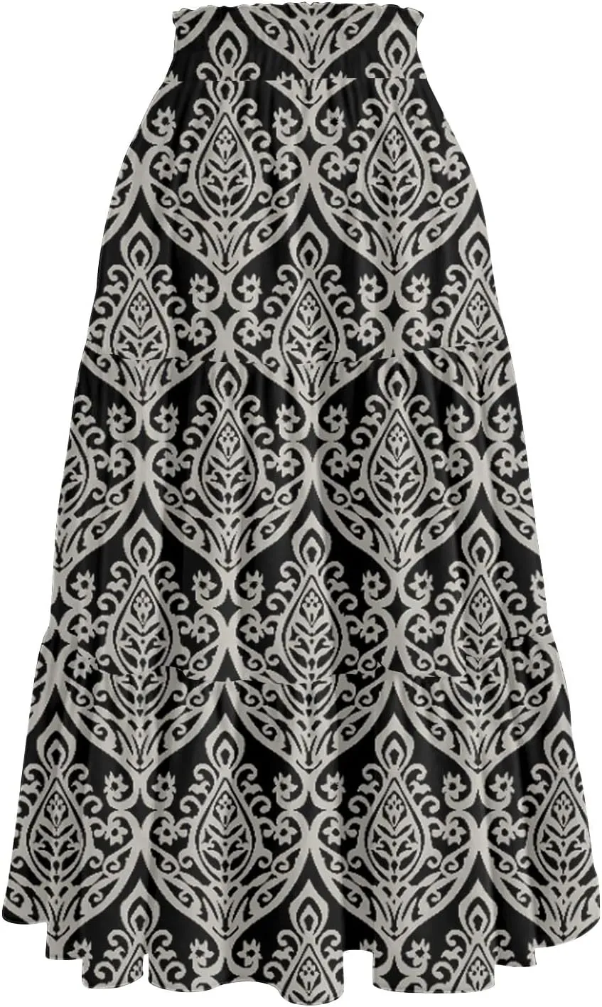 Floral Skirts for Women Midi Length Flutter Beach Flowy Vacation Trendy Festival Casual Peasant Swing Going Out Cute Skirts