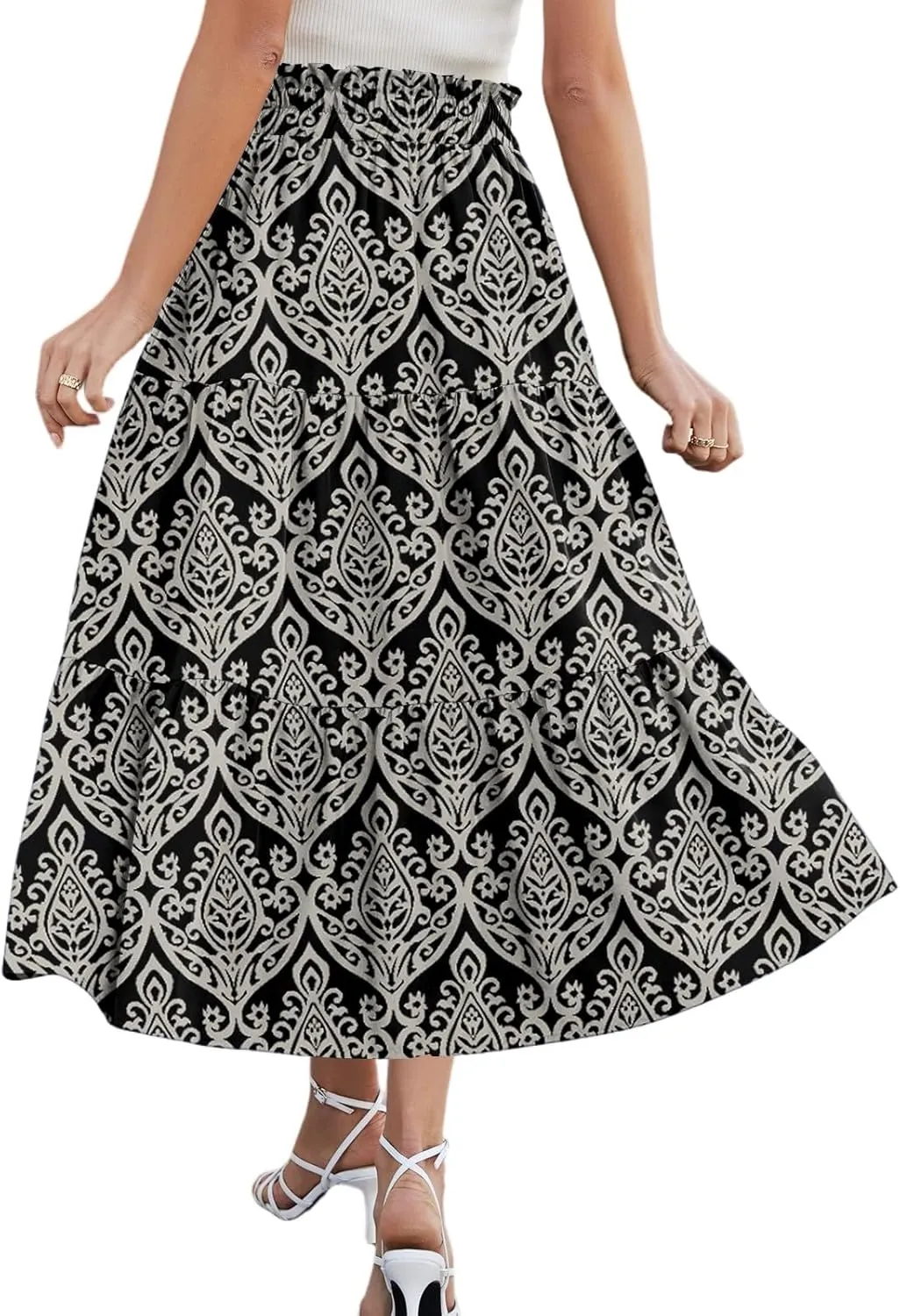 Floral Skirts for Women Midi Length Flutter Beach Flowy Vacation Trendy Festival Casual Peasant Swing Going Out Cute Skirts