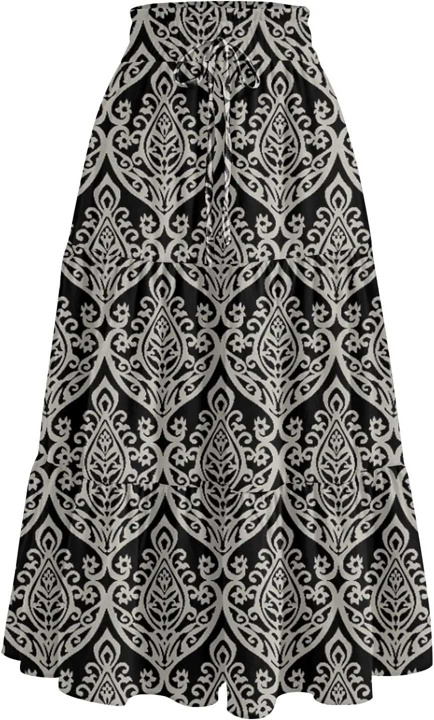 Floral Skirts for Women Midi Length Flutter Beach Flowy Vacation Trendy Festival Casual Peasant Swing Going Out Cute Skirts