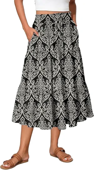 Floral Skirts for Women Midi Length Flutter Beach Flowy Vacation Trendy Festival Casual Peasant Swing Going Out Cute Skirts