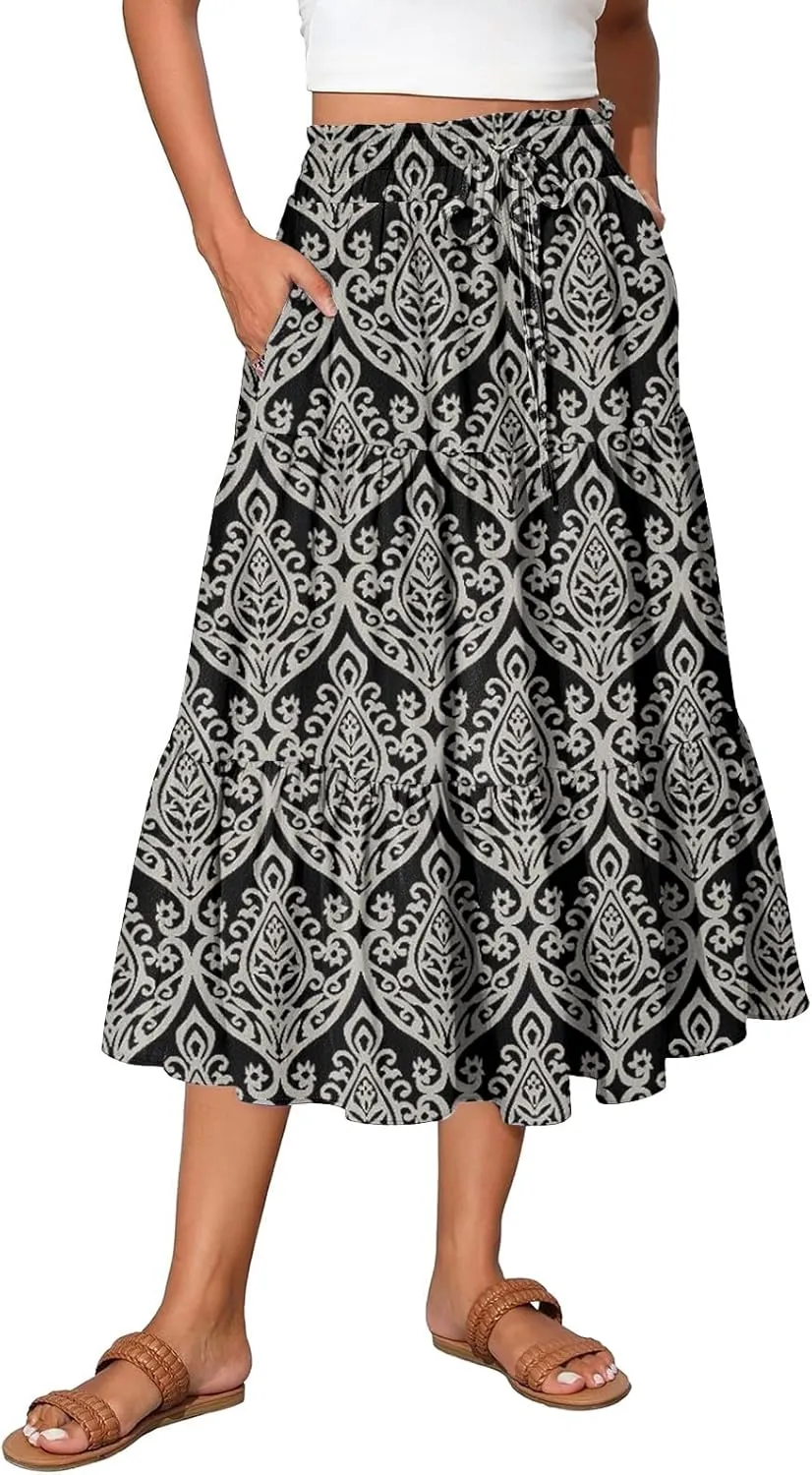 Floral Skirts for Women Midi Length Flutter Beach Flowy Vacation Trendy Festival Casual Peasant Swing Going Out Cute Skirts