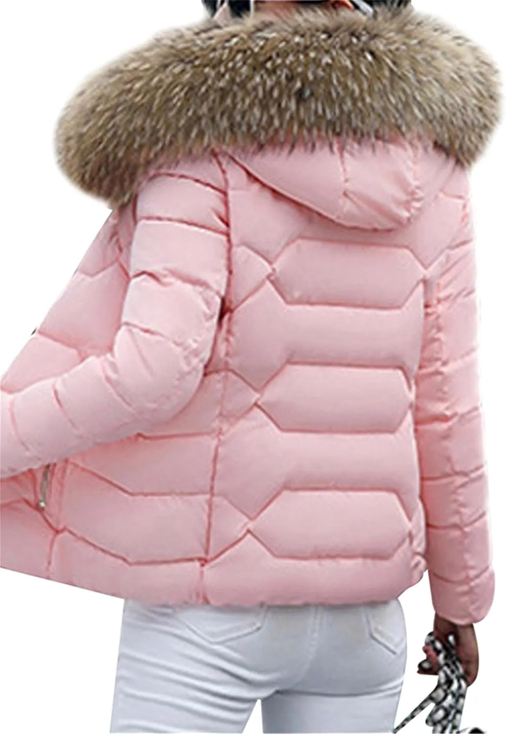 GRASWE Women's Thickened Short Down Jacket Winter Fashion Coats Zip Up Casual Parka Jacket with Faux Fur Hood