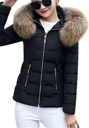 GRASWE Women's Thickened Short Down Jacket Winter Fashion Coats Zip Up Casual Parka Jacket with Faux Fur Hood