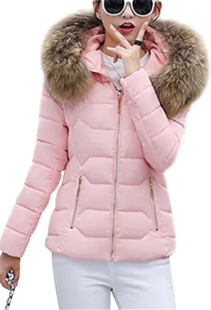 GRASWE Women's Thickened Short Down Jacket Winter Fashion Coats Zip Up Casual Parka Jacket with Faux Fur Hood
