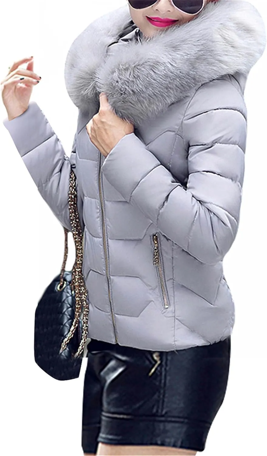GRASWE Women's Thickened Short Down Jacket Winter Fashion Coats Zip Up Casual Parka Jacket with Faux Fur Hood