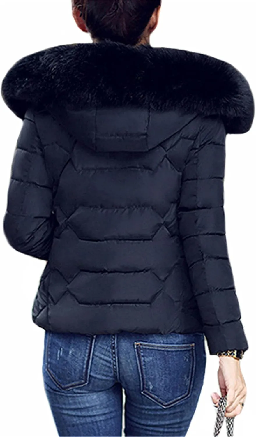 GRASWE Women's Thickened Short Down Jacket Winter Fashion Coats Zip Up Casual Parka Jacket with Faux Fur Hood