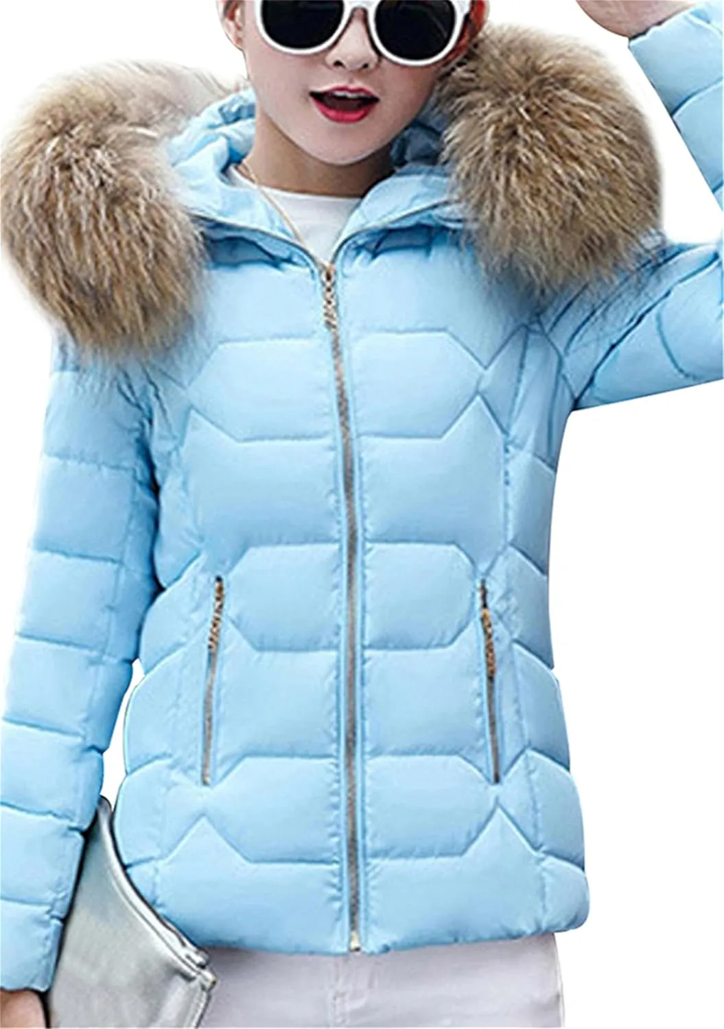 GRASWE Women's Thickened Short Down Jacket Winter Fashion Coats Zip Up Casual Parka Jacket with Faux Fur Hood