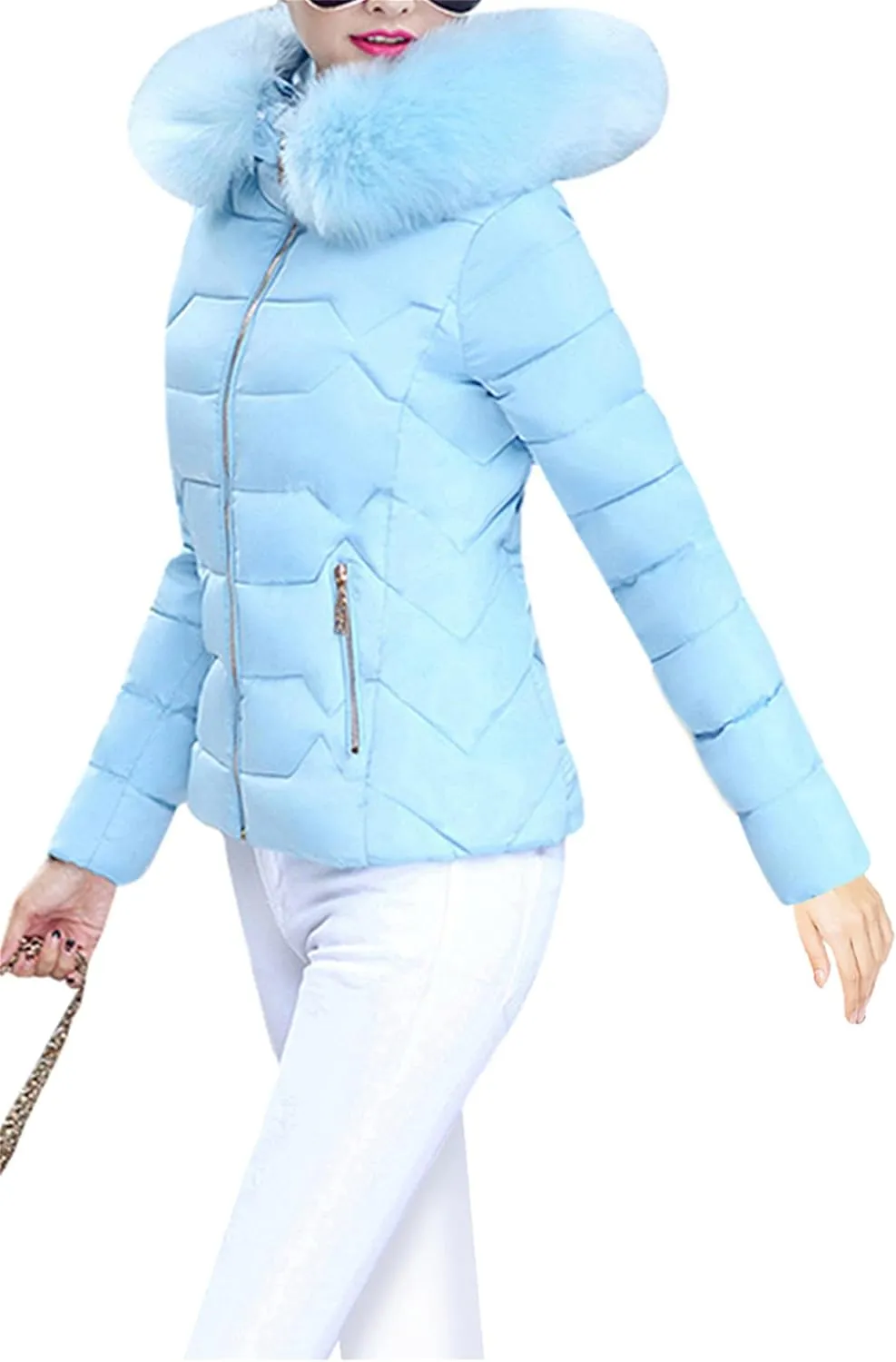 GRASWE Women's Thickened Short Down Jacket Winter Fashion Coats Zip Up Casual Parka Jacket with Faux Fur Hood