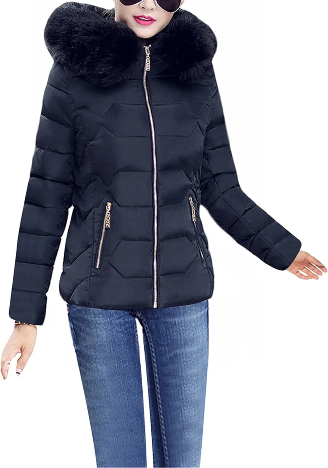 GRASWE Women's Thickened Short Down Jacket Winter Fashion Coats Zip Up Casual Parka Jacket with Faux Fur Hood