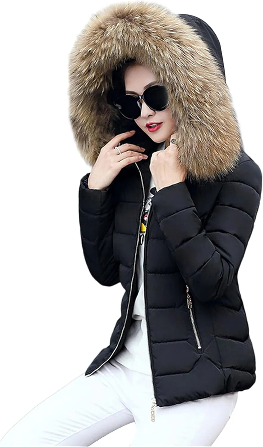 GRASWE Women's Thickened Short Down Jacket Winter Fashion Coats Zip Up Casual Parka Jacket with Faux Fur Hood