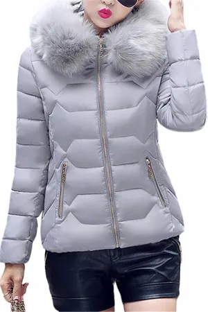 GRASWE Women's Thickened Short Down Jacket Winter Fashion Coats Zip Up Casual Parka Jacket with Faux Fur Hood