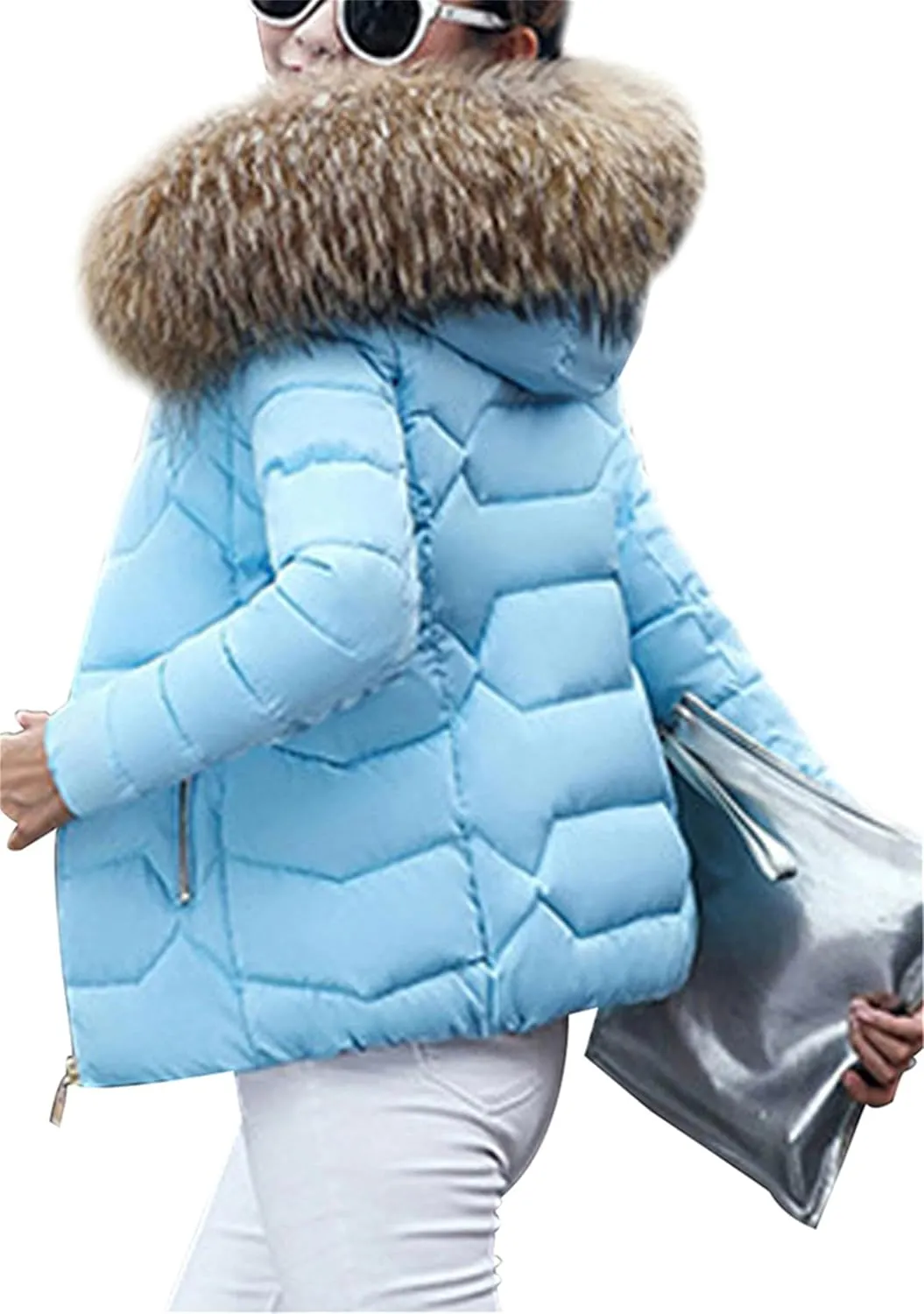 GRASWE Women's Thickened Short Down Jacket Winter Fashion Coats Zip Up Casual Parka Jacket with Faux Fur Hood