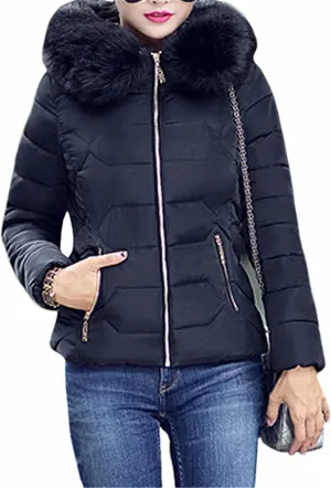 GRASWE Women's Thickened Short Down Jacket Winter Fashion Coats Zip Up Casual Parka Jacket with Faux Fur Hood