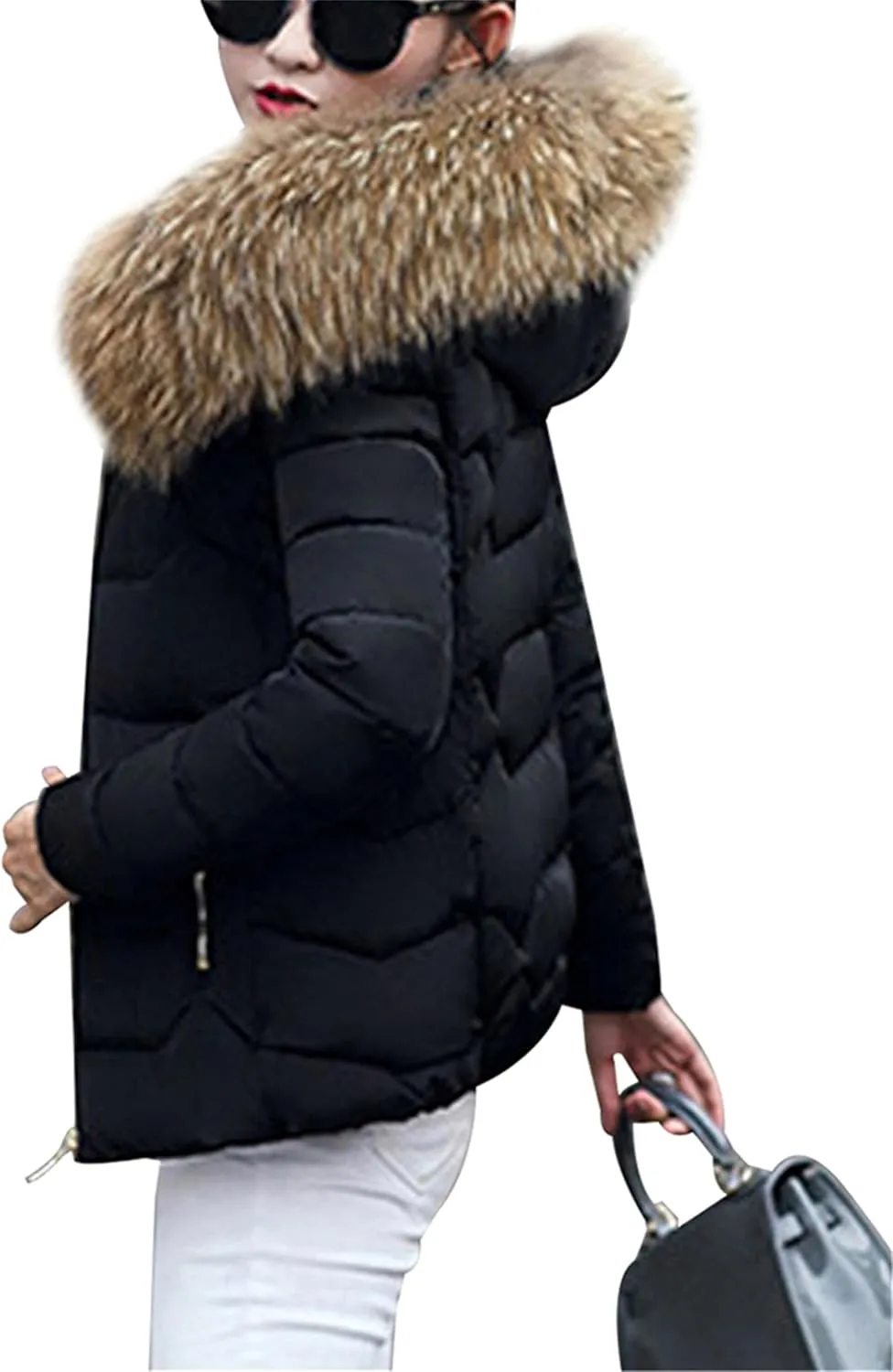 GRASWE Women's Thickened Short Down Jacket Winter Fashion Coats Zip Up Casual Parka Jacket with Faux Fur Hood