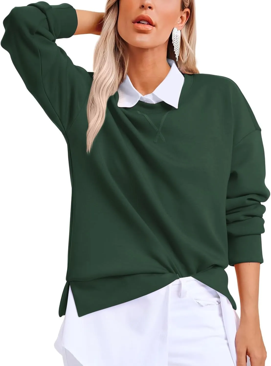 Gumipy Oversized Sweatshirt for Women Side Split Fleece Crewneck Sweatshirts Long Sleeve Womens Sweatshirt Spring Clothes