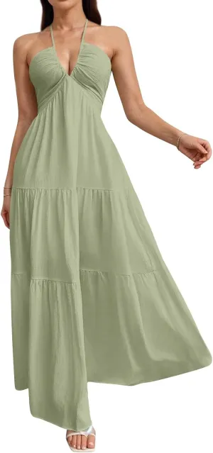 Halter Neck Dresses for Women 2025 Backless Deep V Neck Maxi Sundress a Line Empire Waist Spaghetti Strap Dress