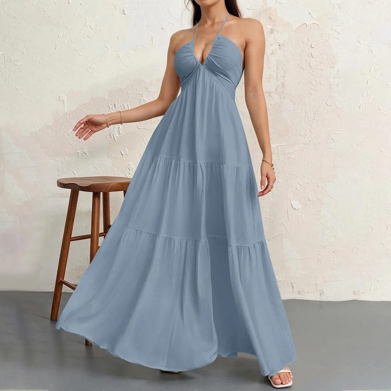 Halter Neck Dresses for Women 2025 Backless Deep V Neck Maxi Sundress a Line Empire Waist Spaghetti Strap Dress