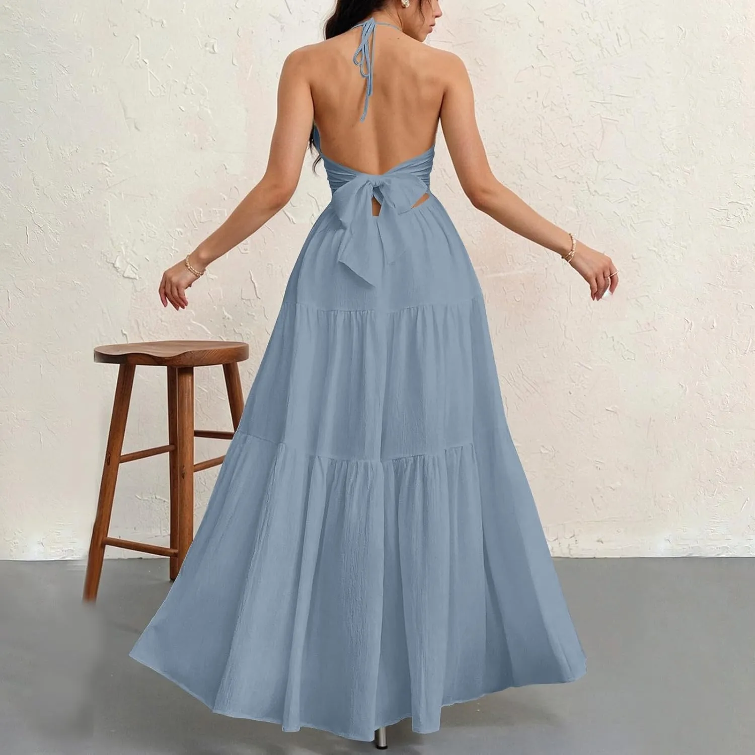 Halter Neck Dresses for Women 2025 Backless Deep V Neck Maxi Sundress a Line Empire Waist Spaghetti Strap Dress