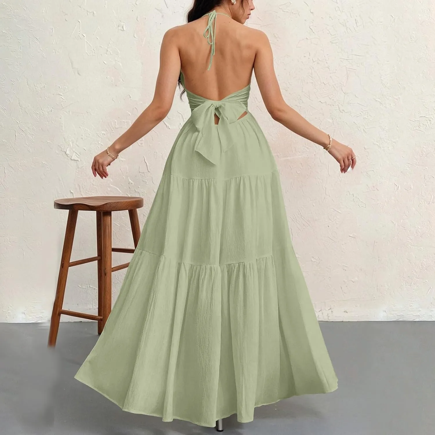 Halter Neck Dresses for Women 2025 Backless Deep V Neck Maxi Sundress a Line Empire Waist Spaghetti Strap Dress