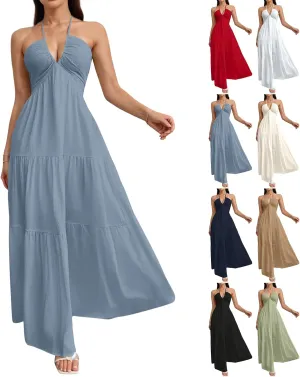 Halter Neck Dresses for Women 2025 Backless Deep V Neck Maxi Sundress a Line Empire Waist Spaghetti Strap Dress
