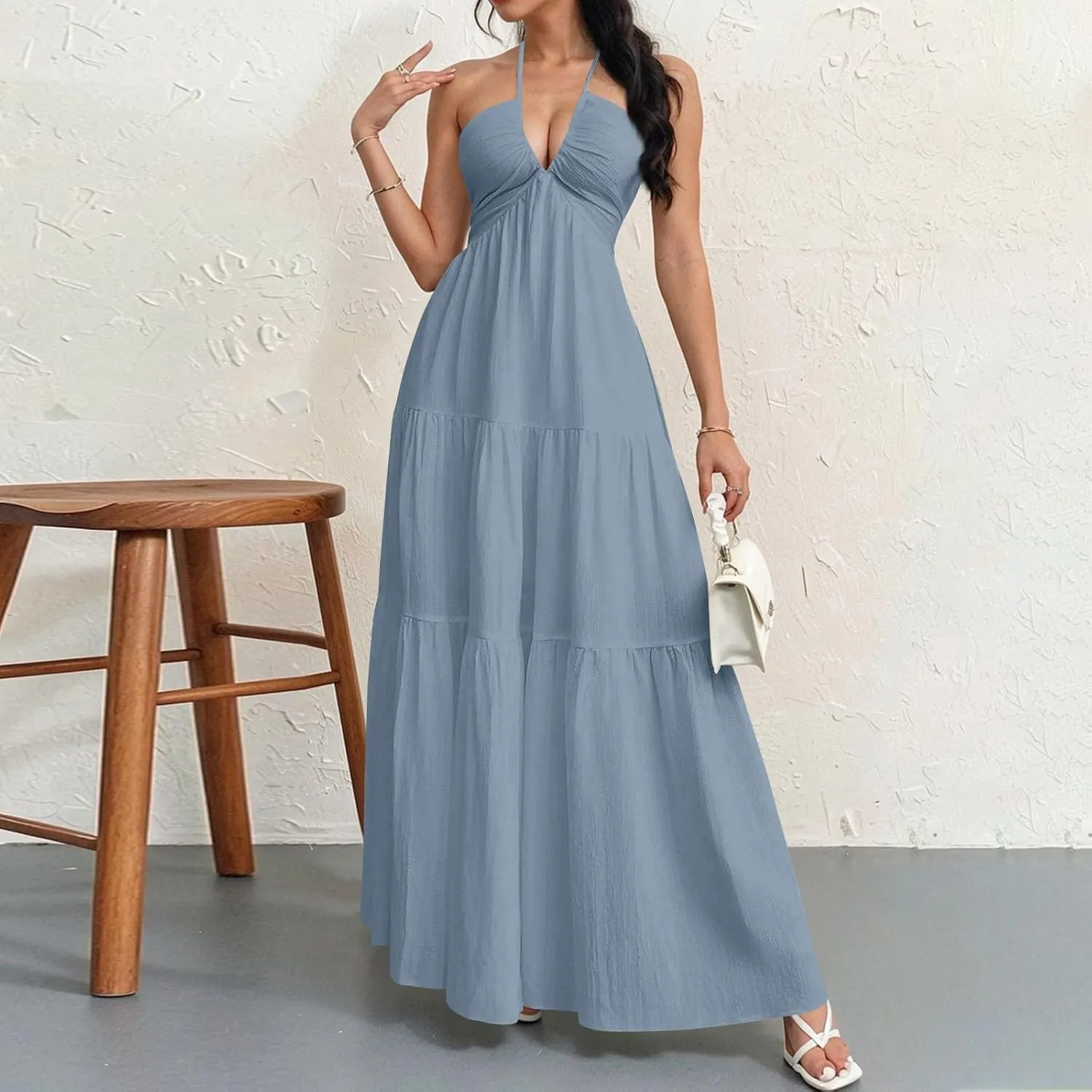 Halter Neck Dresses for Women 2025 Backless Deep V Neck Maxi Sundress a Line Empire Waist Spaghetti Strap Dress