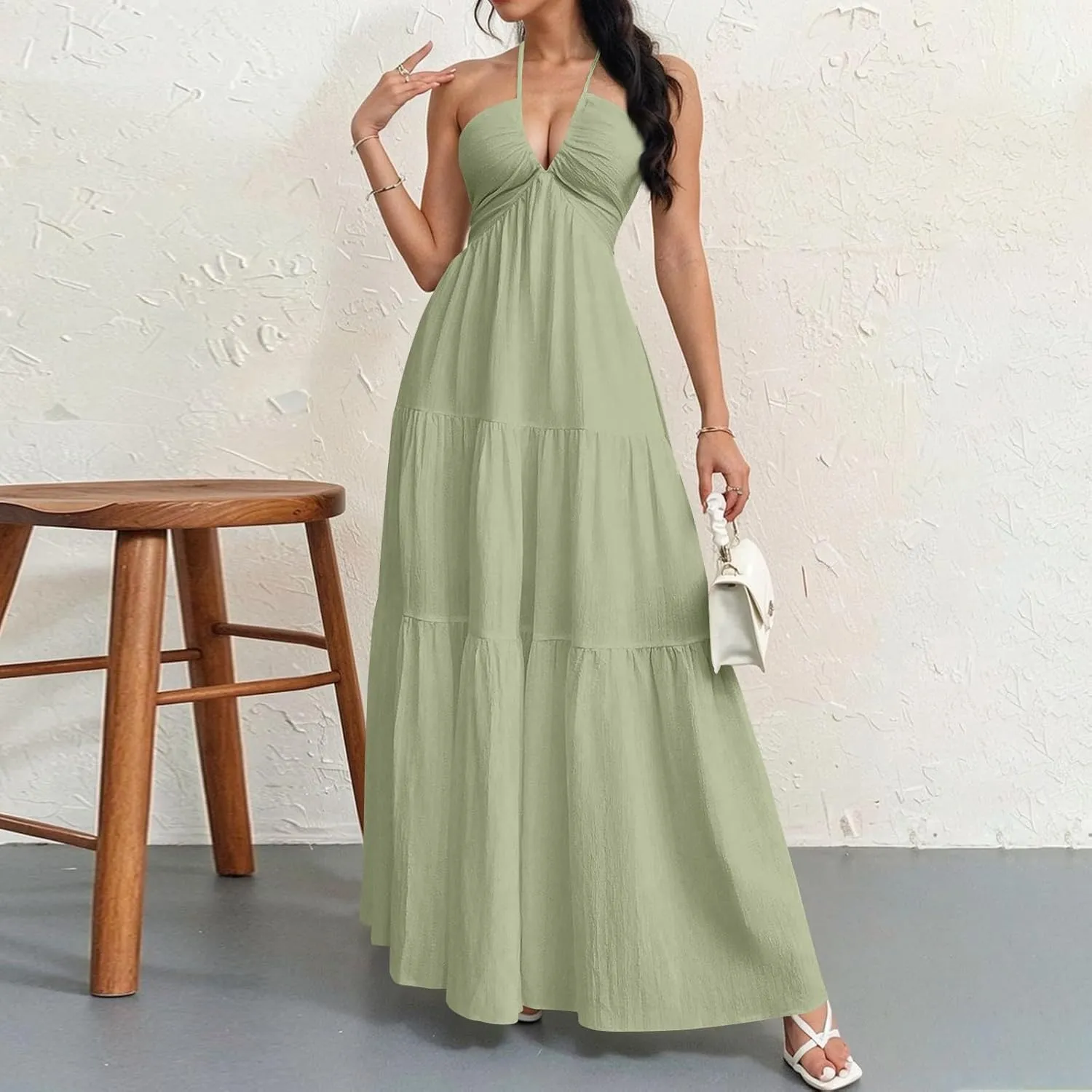 Halter Neck Dresses for Women 2025 Backless Deep V Neck Maxi Sundress a Line Empire Waist Spaghetti Strap Dress