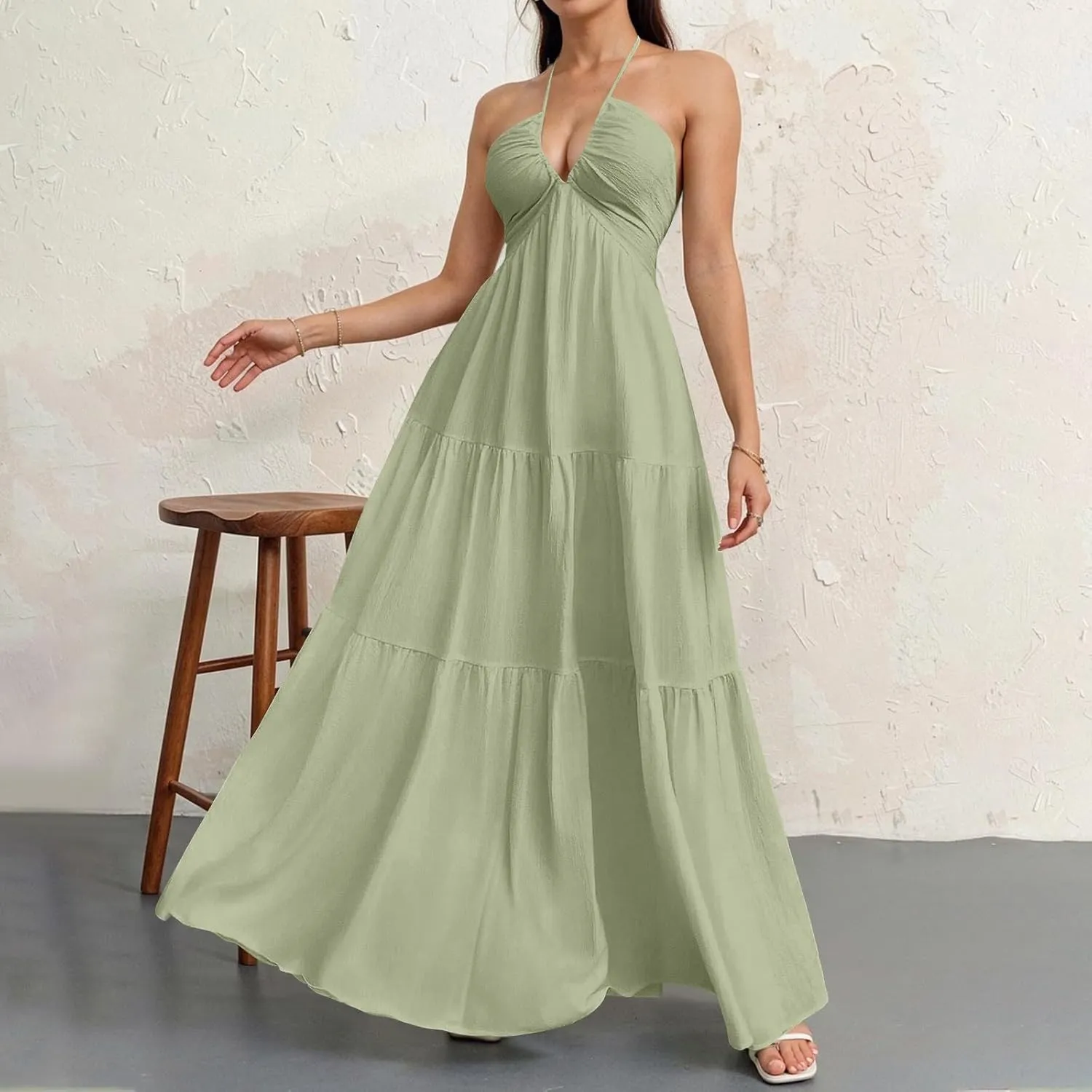 Halter Neck Dresses for Women 2025 Backless Deep V Neck Maxi Sundress a Line Empire Waist Spaghetti Strap Dress