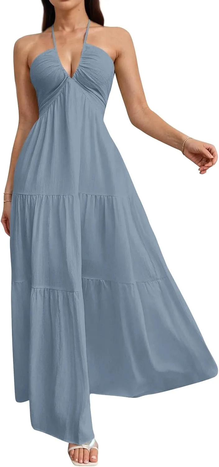 Halter Neck Dresses for Women 2025 Backless Deep V Neck Maxi Sundress a Line Empire Waist Spaghetti Strap Dress