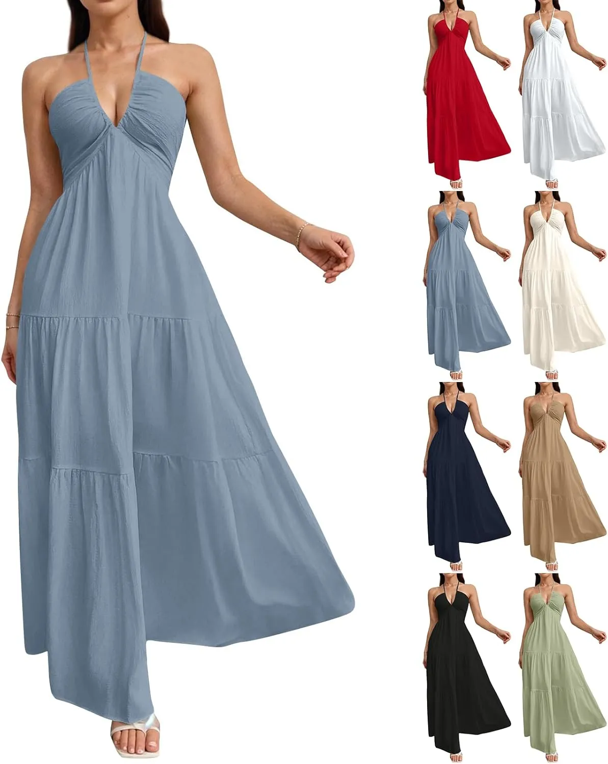 Halter Neck Dresses for Women 2025 Backless Deep V Neck Maxi Sundress a Line Empire Waist Spaghetti Strap Dress