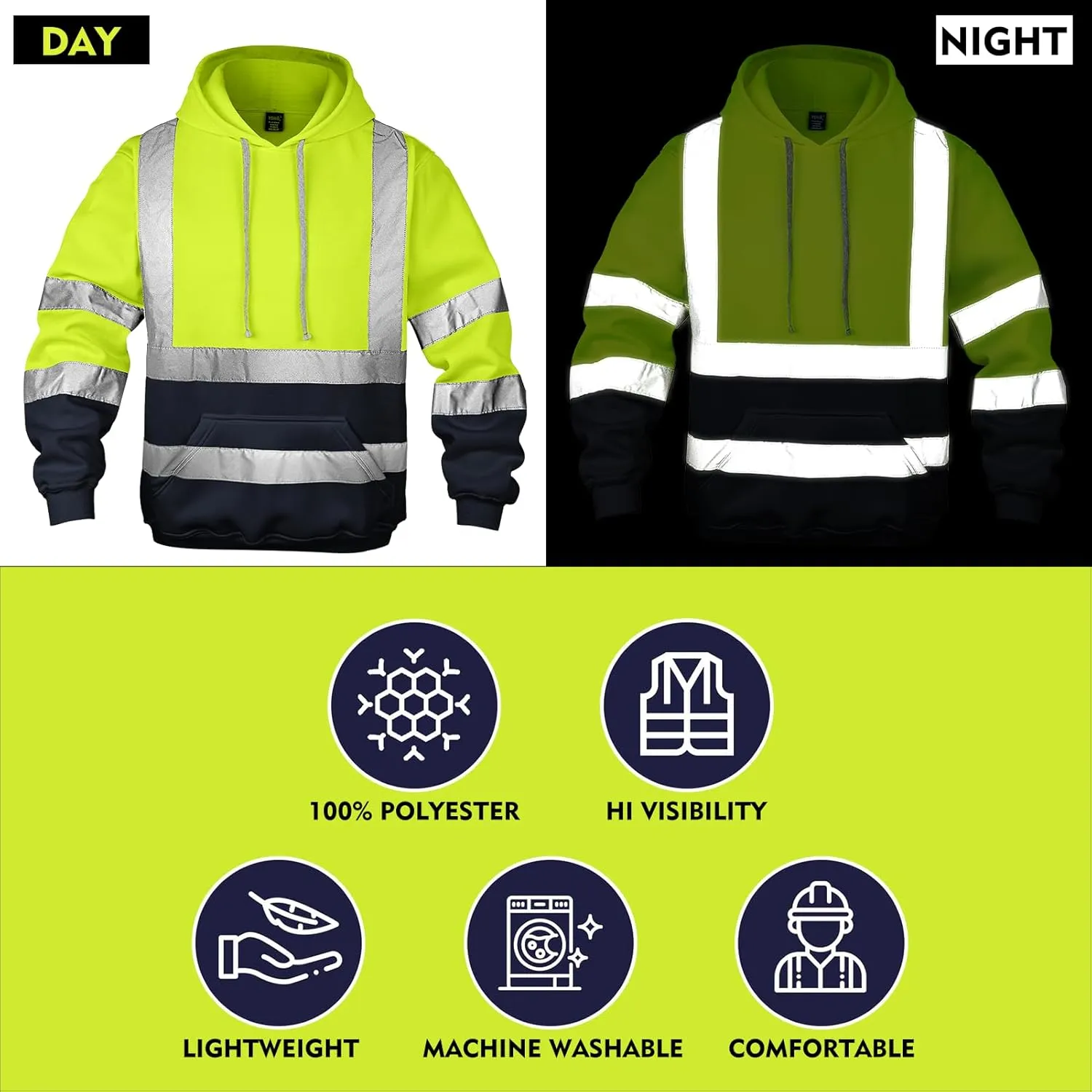 Hi Vis Men's Solid Color Reflective Visibility Sweatshirts Pullover