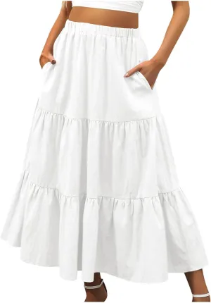 hlysgo Long Skirts for Women Casual Ruffle Tiered Skirts Trendy Boho Solid Flowy Swing Maxi Skirt with Pockets